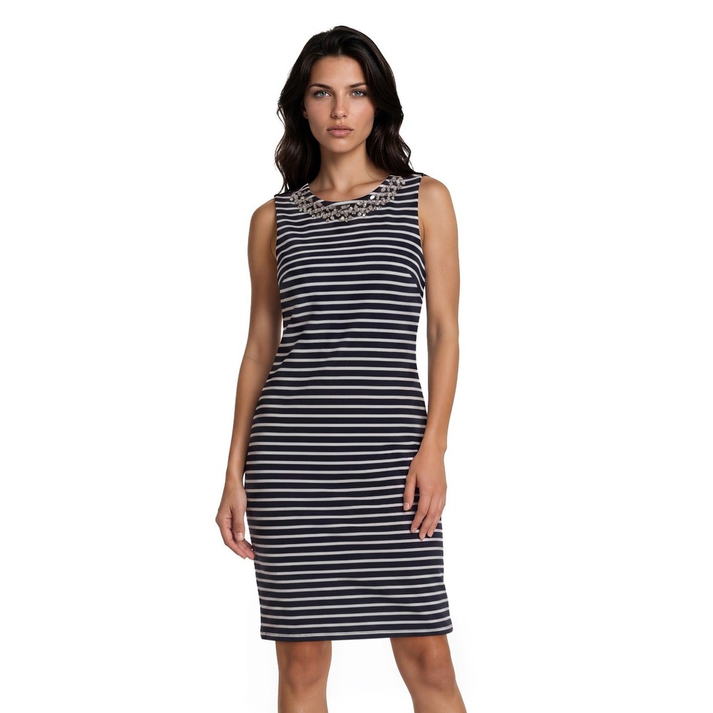 New J.Crew 100% Cotton Shift Dress‎ Women's Size 00 Navy Blue Striped Jeweled